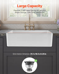 32.5x20 In Farmhouse Sink Undermount Kitchen Single Bowl Basin Fireclay White