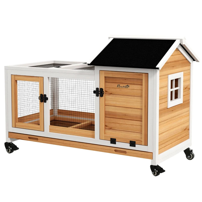 Wooden Rabbit Hutch With Wheels, Run, Slide-out Tray For Small Animals, Guinea Pig, Yellow