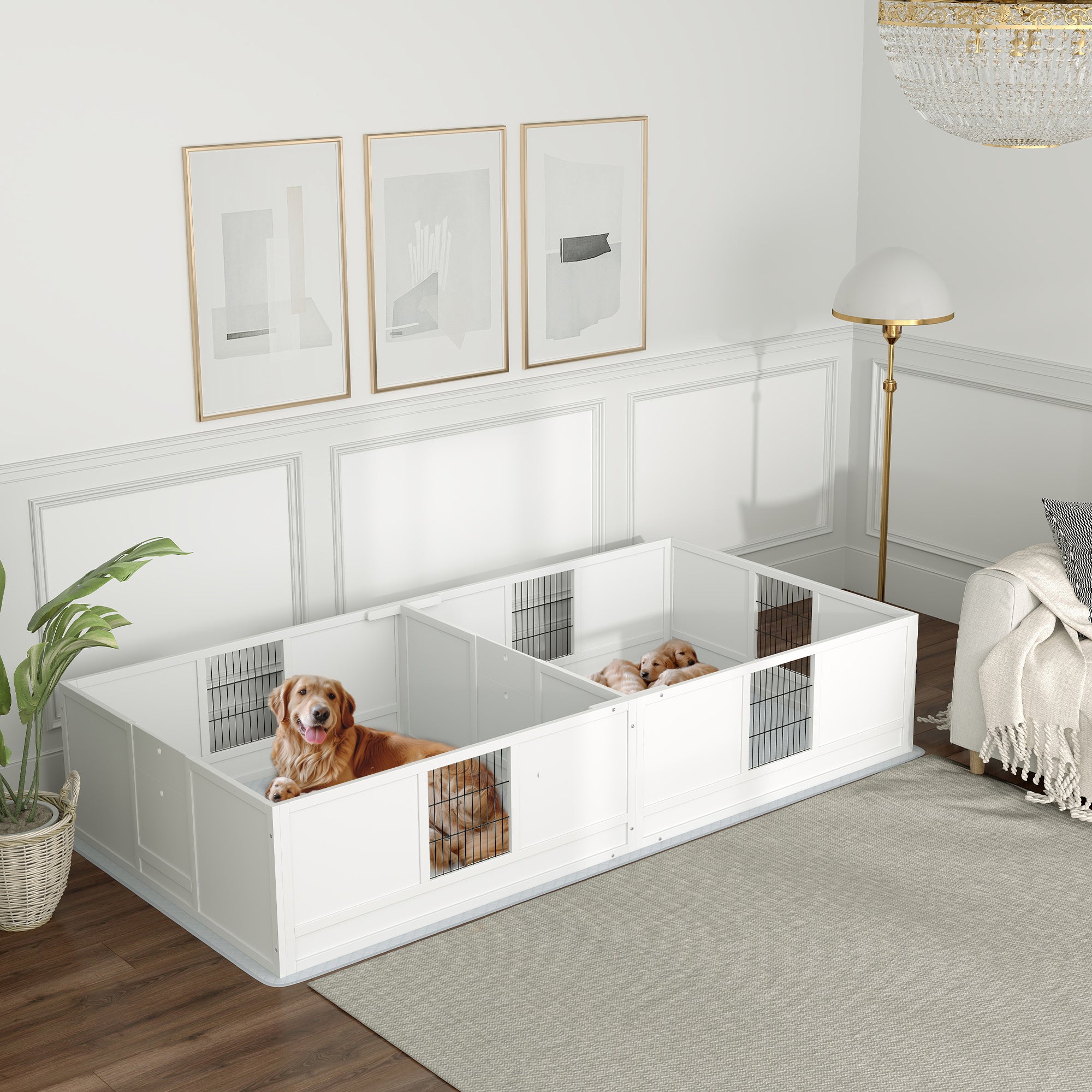 Two Rooms Design Dog Whelping Box with Washable Pee Pad, Adjustable Door, for Large Breed Dogs, 96" x 47" x 19"