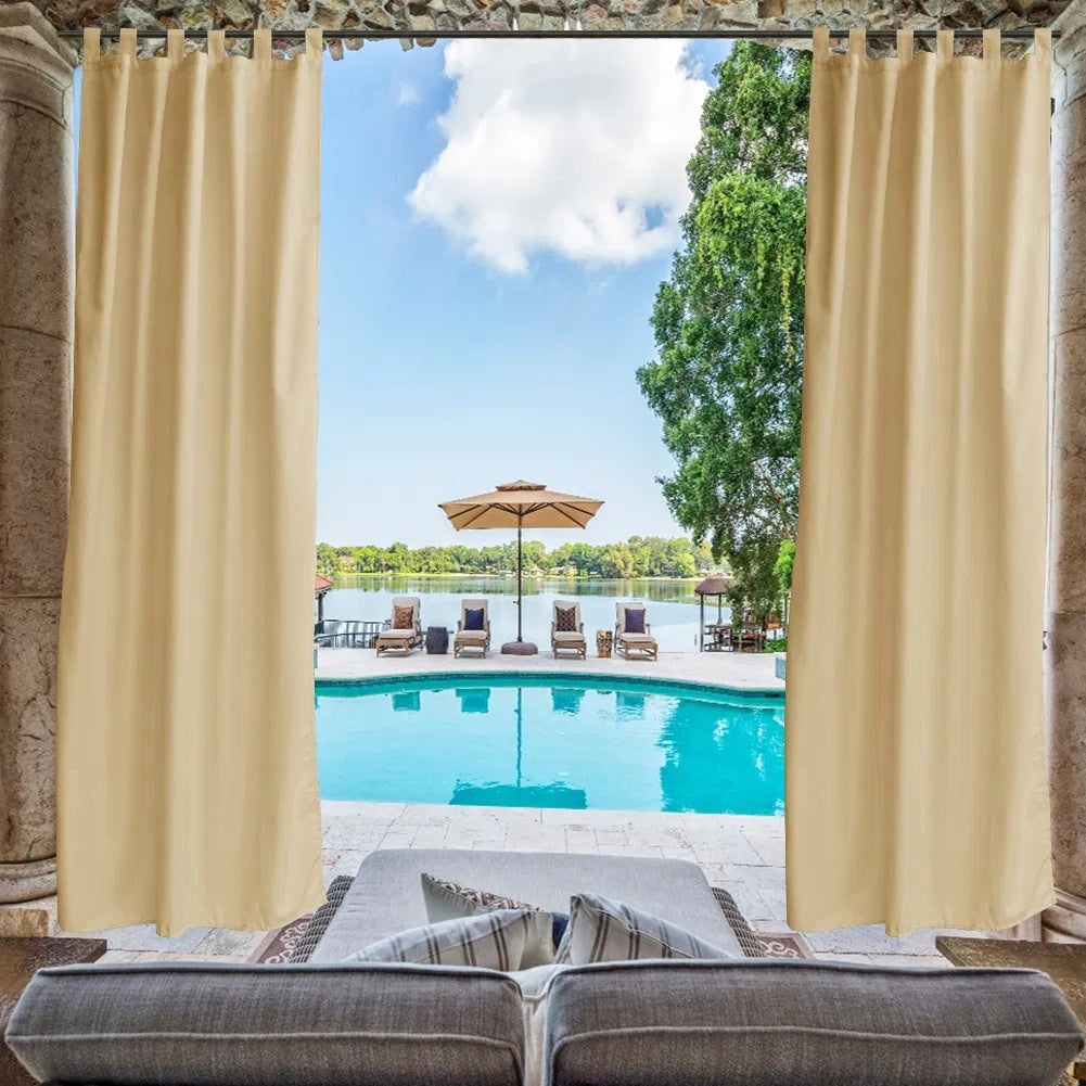 Outdoor Privacy Waterproof Fabric Mildew Resistant Tab Top Window Curtain-Beige