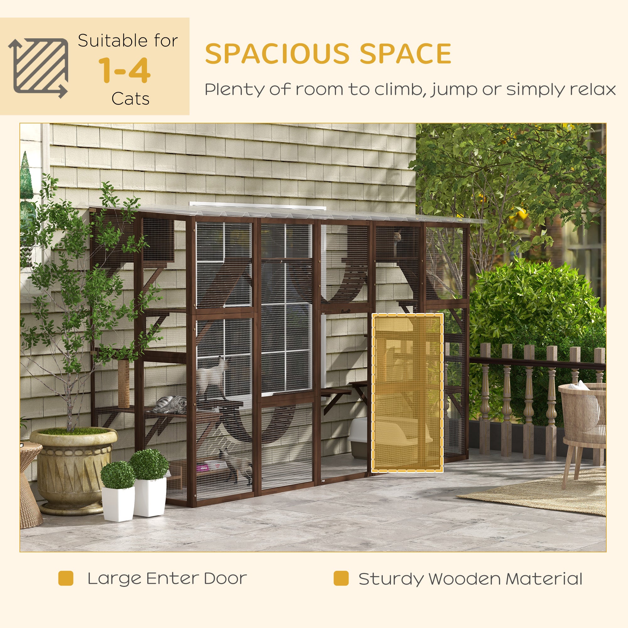 Large Outdoor Cat Enclosure for Multiple Cats with Shelves & Bridges, Coffee Brown