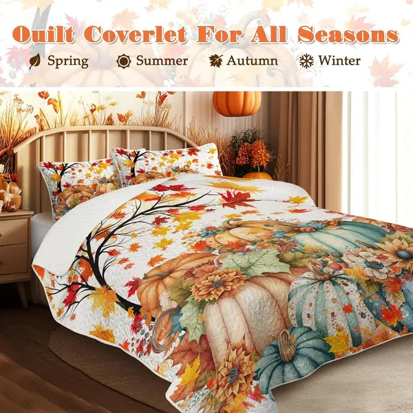 3PCS Colorful Oil Painting Pumpkin Pattern Quilt Set For All Seasons Flower Fall Leaves Bedding Set With 2 Pillowcases For Kids Adults Thanksgiving Day Gifts