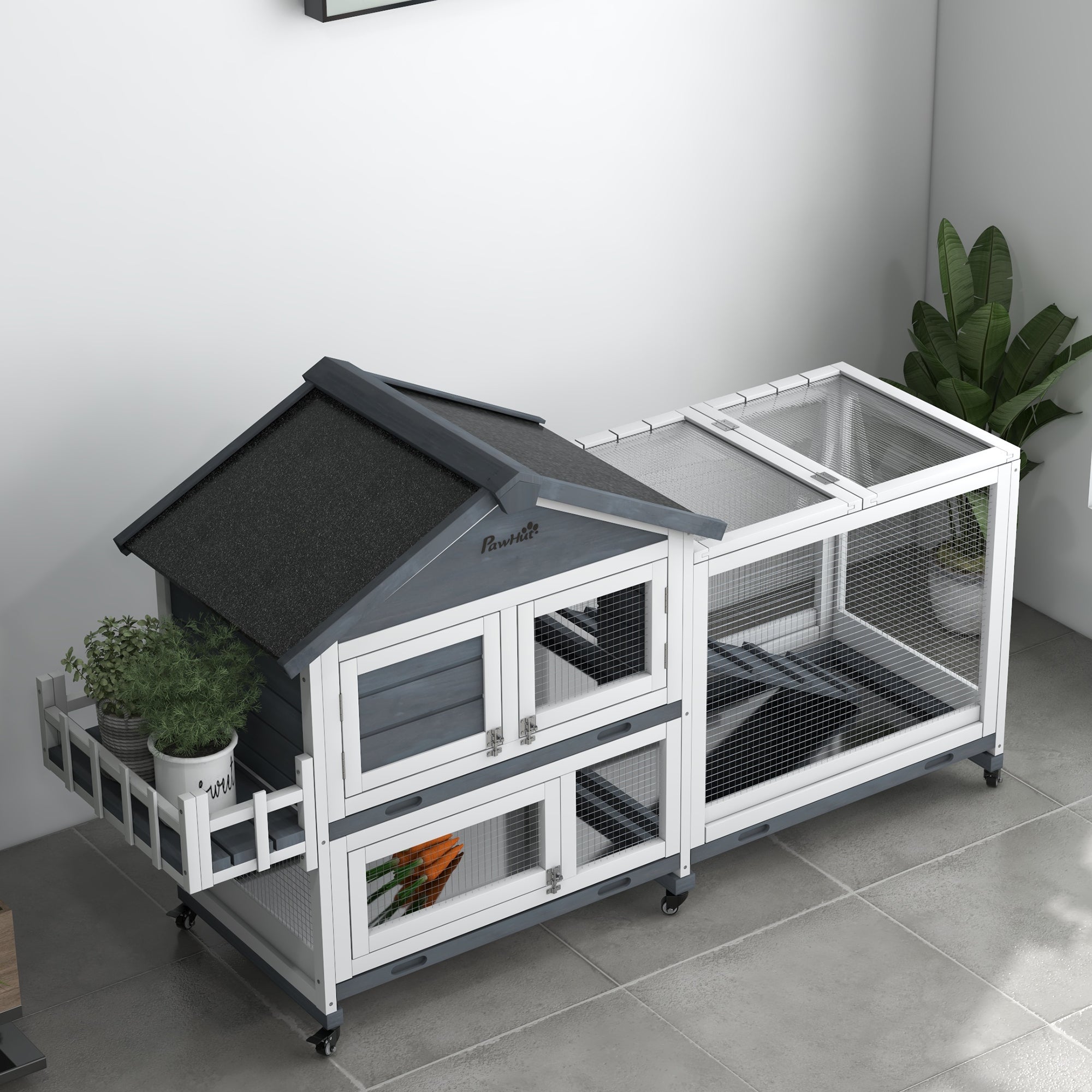 65" Wooden Rabbit Hutch, Pet Playpen with Openable Roof & Storage Box for Rabbits and Small Animals, Gray