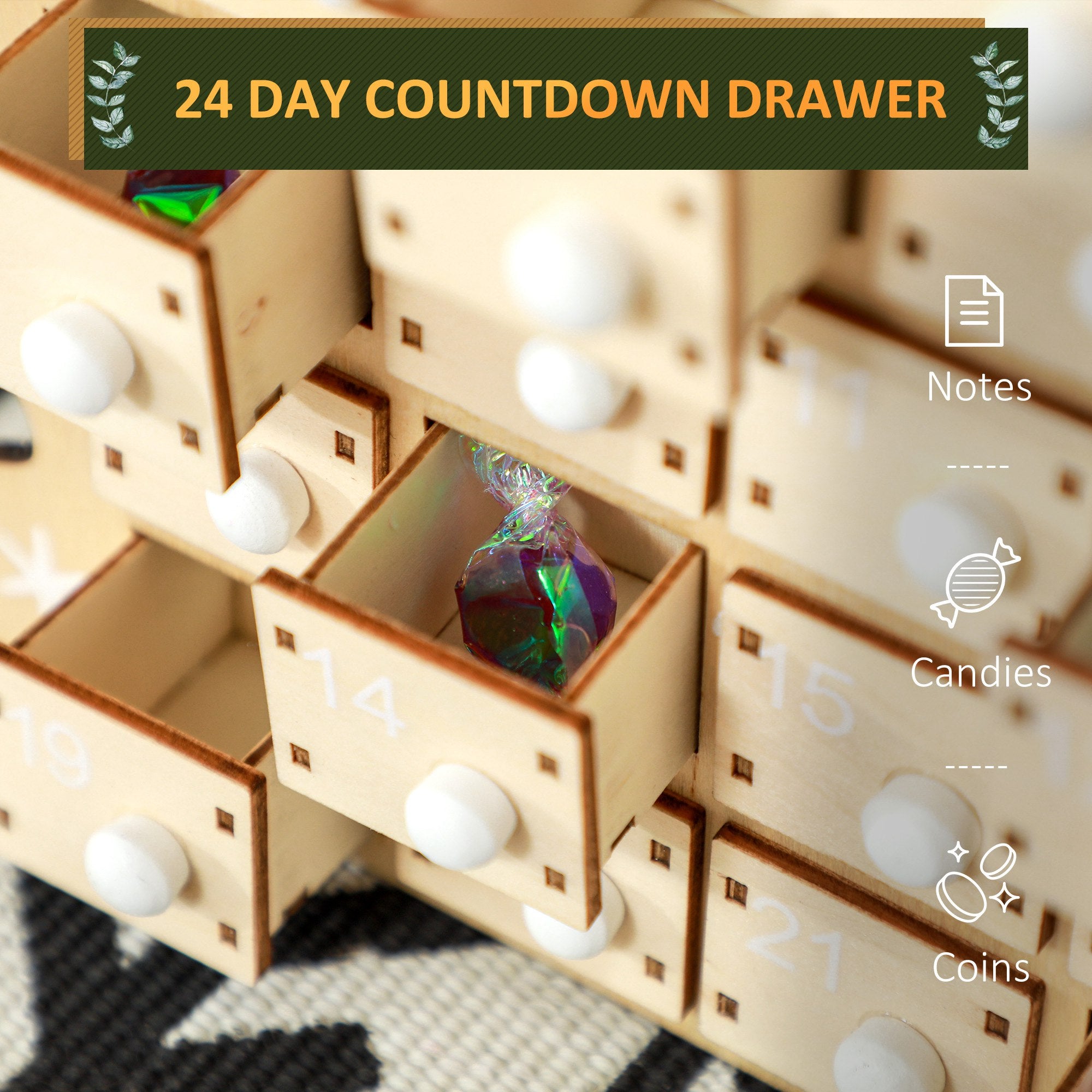 Wooden Christmas Advent Calendar with 24 Countdown Drawers, Reusable Holiday Decor Xmas Gift for Kids Adults, Natural