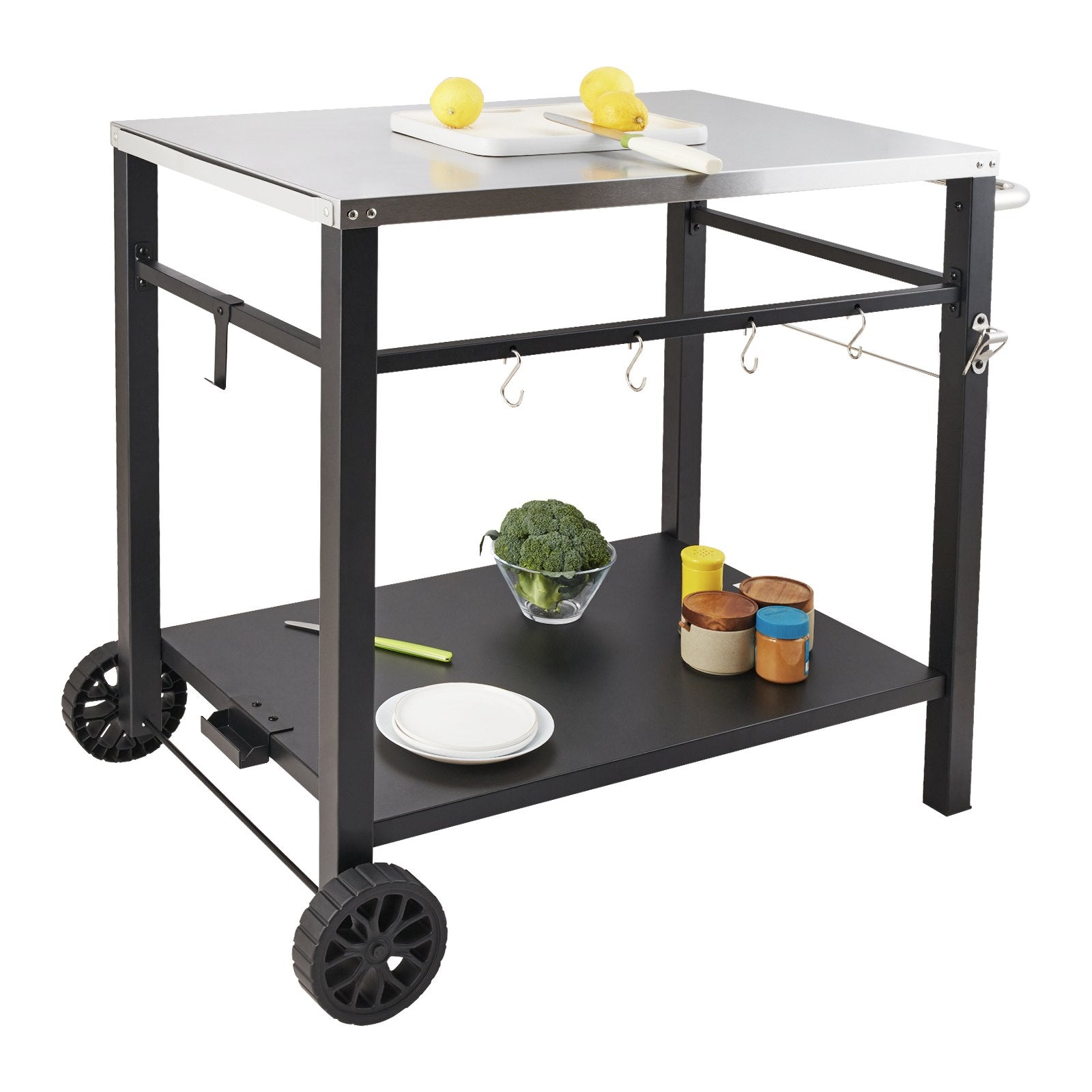 Outdoor Grill Dining Cart With Double-Shelf, BBQ Movable Food Prep Table, Multifunctional Stainless Steel Table Top, Portable Modular Carts For Pizza Oven, Worktable With 2 Wheels, Carry Handle