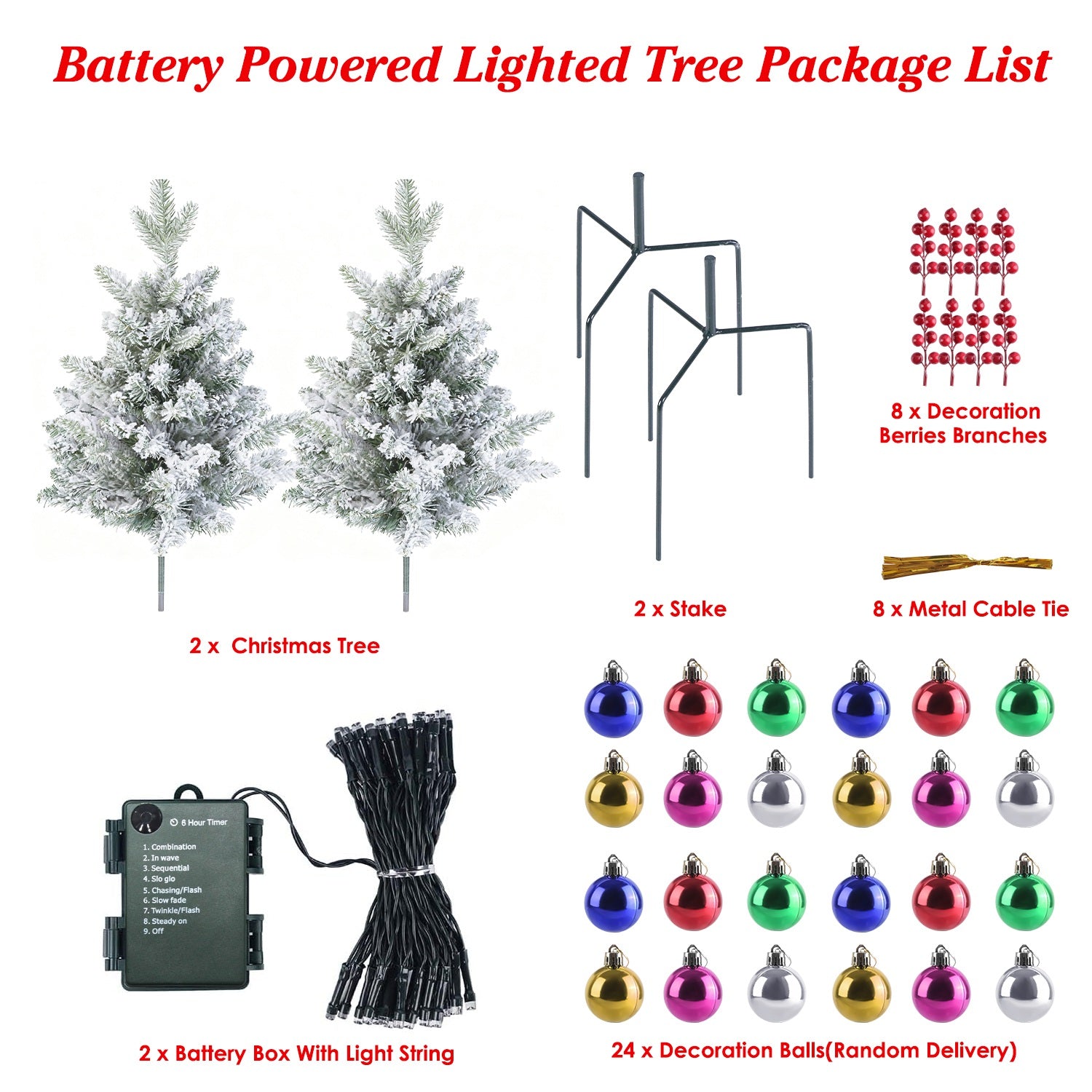 2Pcs Solar Powered Lighted Christmas Tree Urn Filler With Light Artificial Xmas Trees Light With Berries Decor Balls