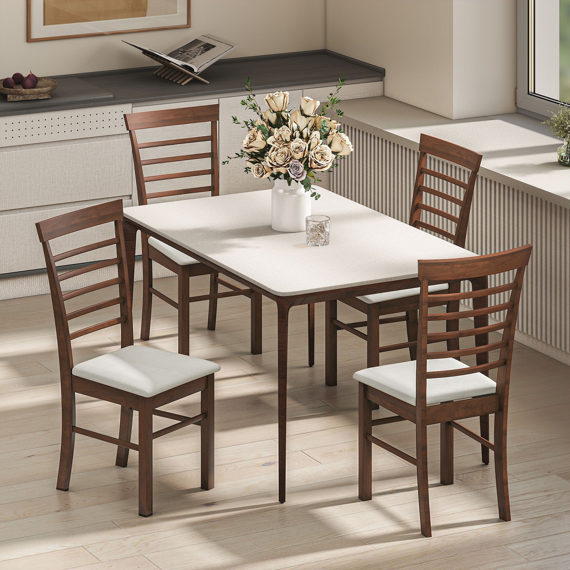 Wooden Dining Chairs Set of 4, Farmhouse Upholstered Kitchen Chairs with Rubber Wood Frame, Dark Brown and Beige