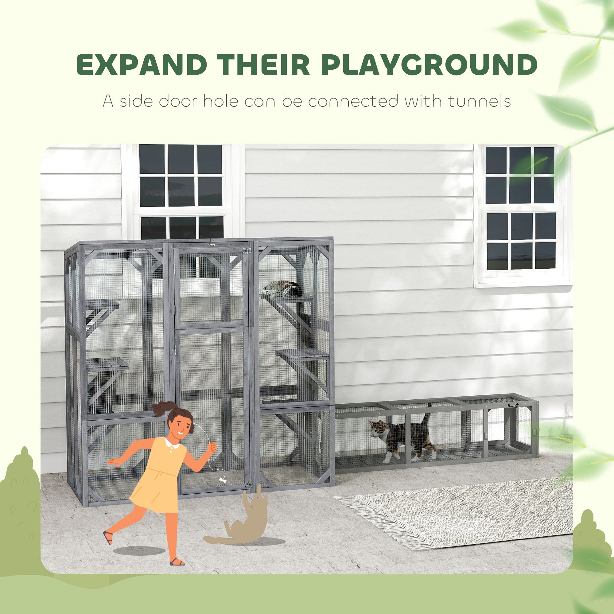 Large Wooden Catio Outdoor With 6 Jumping Platforms, Weatherproof Roof, For 1-3 Cats, 59 X 28 X 60, Gray