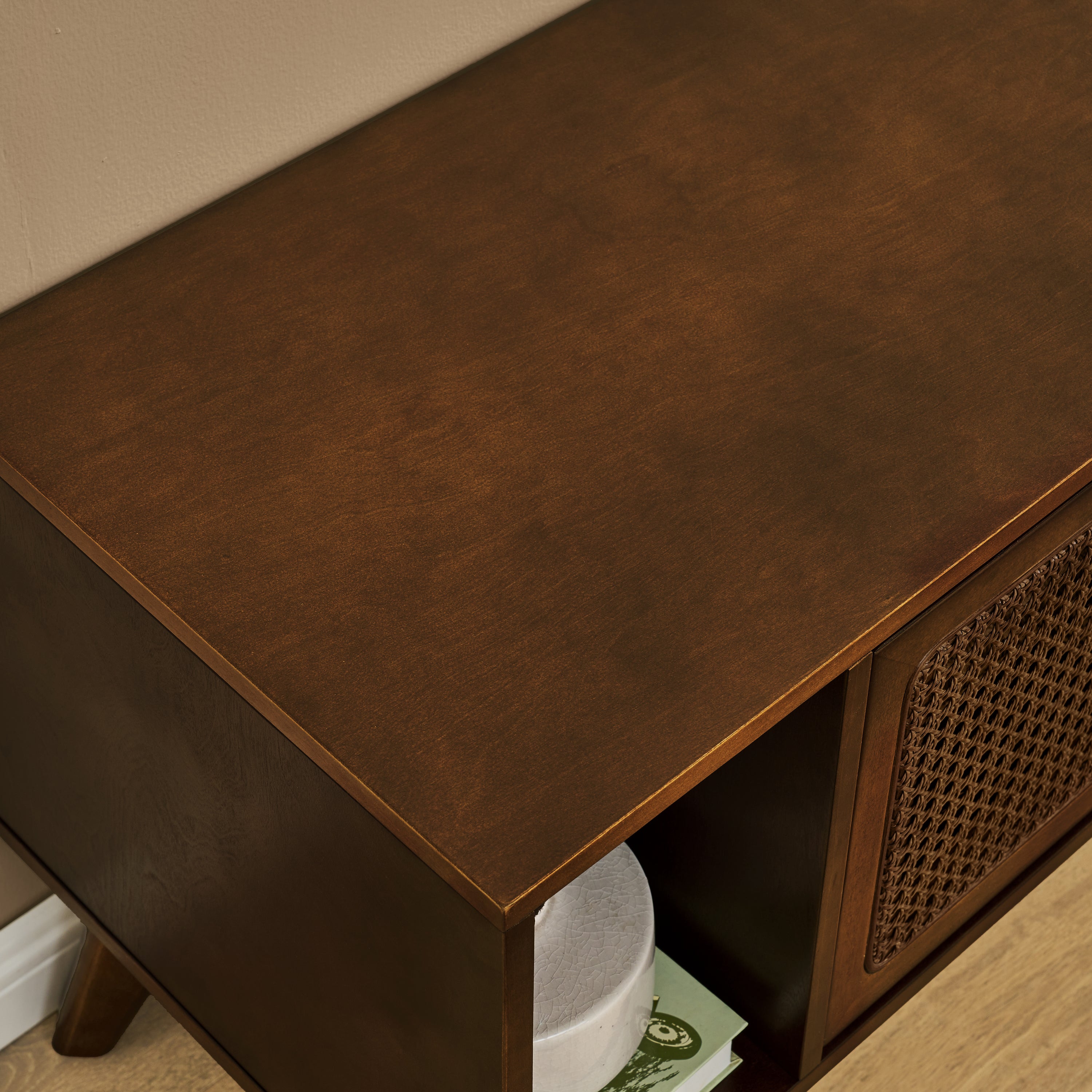 67.9 Inch Mid Century Modern Rattan TV Stand For TVs Up To 75, Entertainment Cabinet, Media Console For Living Room Media Room, Solid Wood Feet  Rattan Cabinet Doors - Walnut