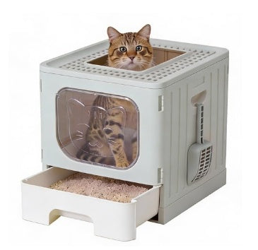 Covered Cat Litter Box, Large Foldable Cat Litter Box With Cat Litter Scoop  Easy-to-clean Drawer Design