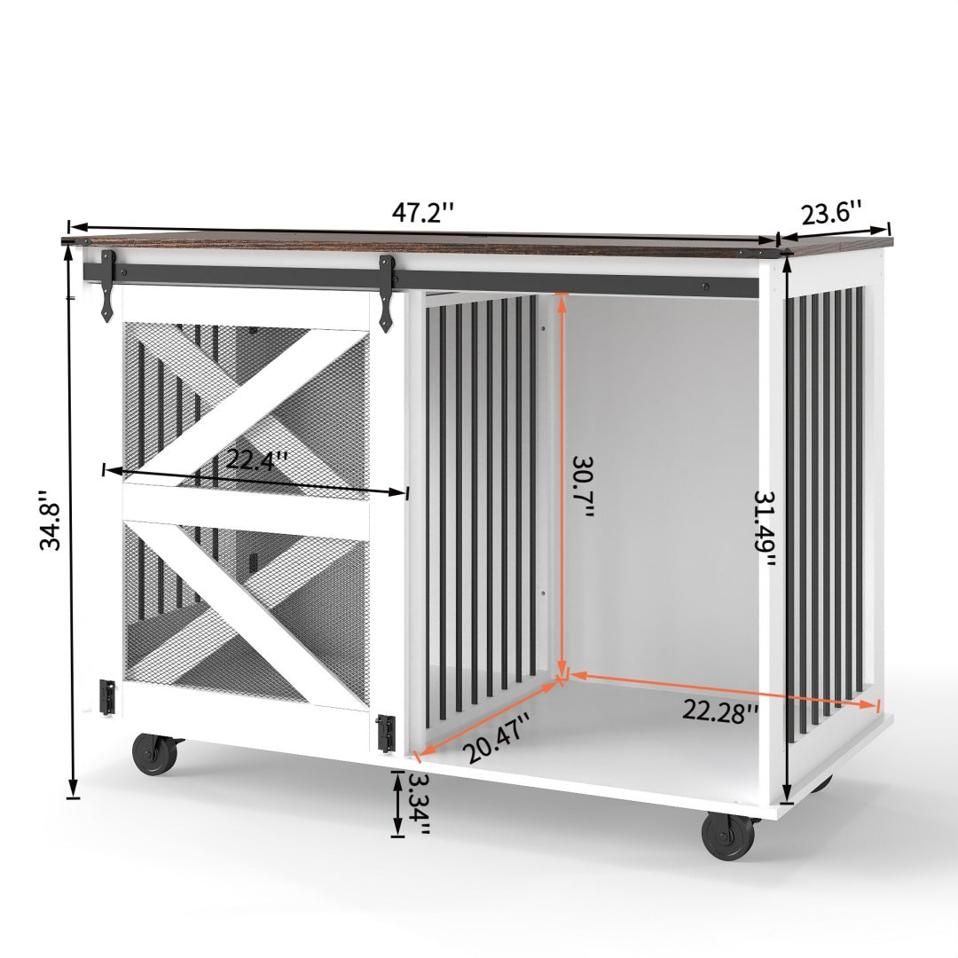 47.2 Mobile Dog Crate With Flip-Top Feeding Door, Dual-Access & 5 Caster System 2 Locking, Side Hooks - Multi-Functional Pet Kennel,double Dog Crate Furniture
