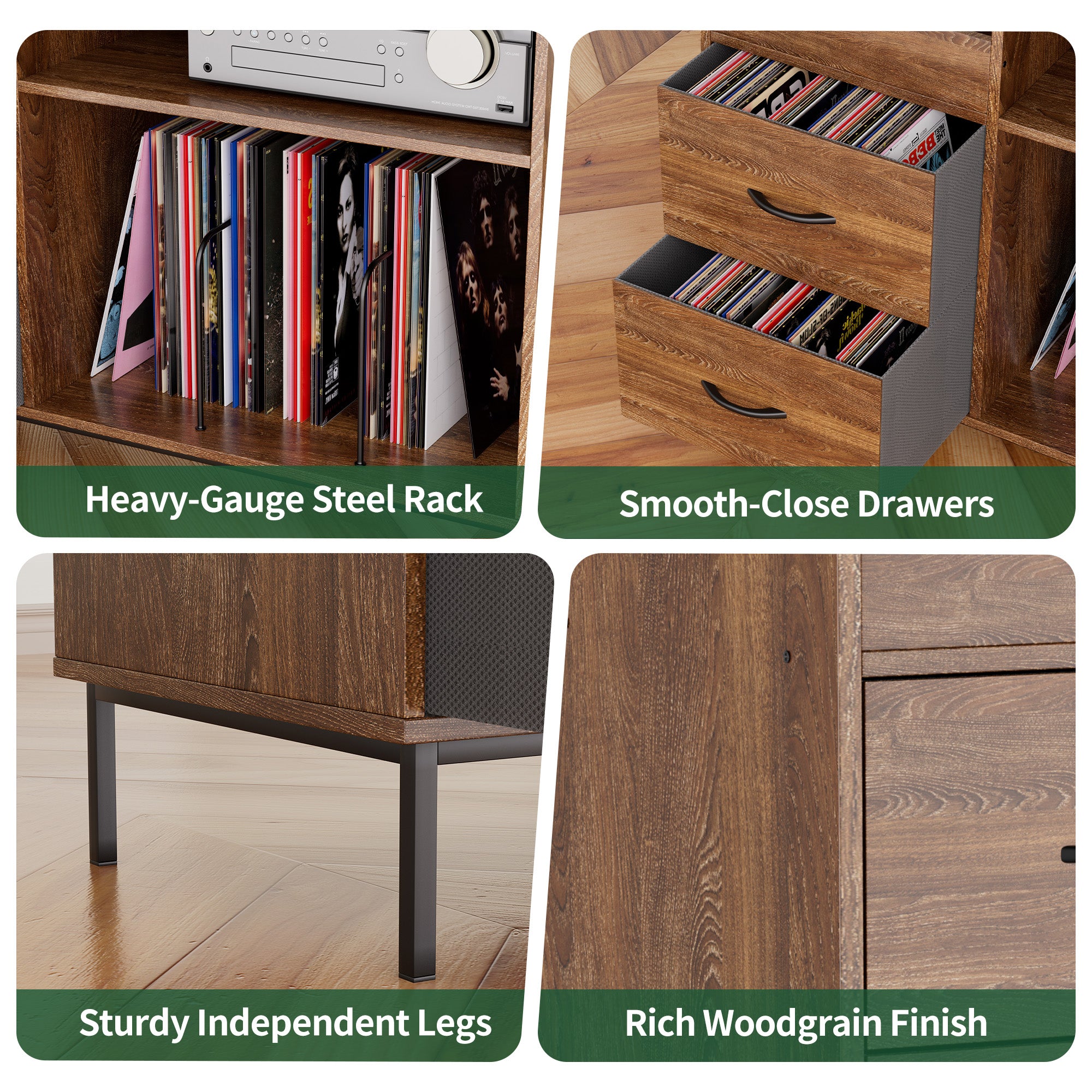 Record Player Stand With Adjustable Shelves, Holds 350 Vinyls, Media Console With Speaker Shelf & 2 Drawers, 27.6 Turntable TV Stand For Living Room, Bedroom, Some Assembly Required