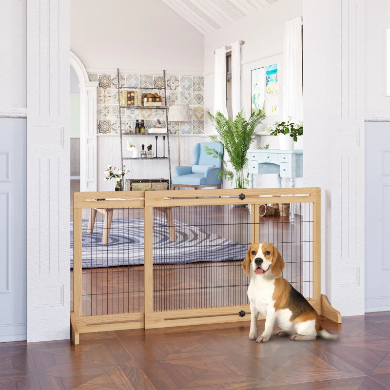 Extra Wide Freestanding Pet Gate With Adjustable Length Dog, Cat, Barrier For House, Doorway, Hallway, Natural