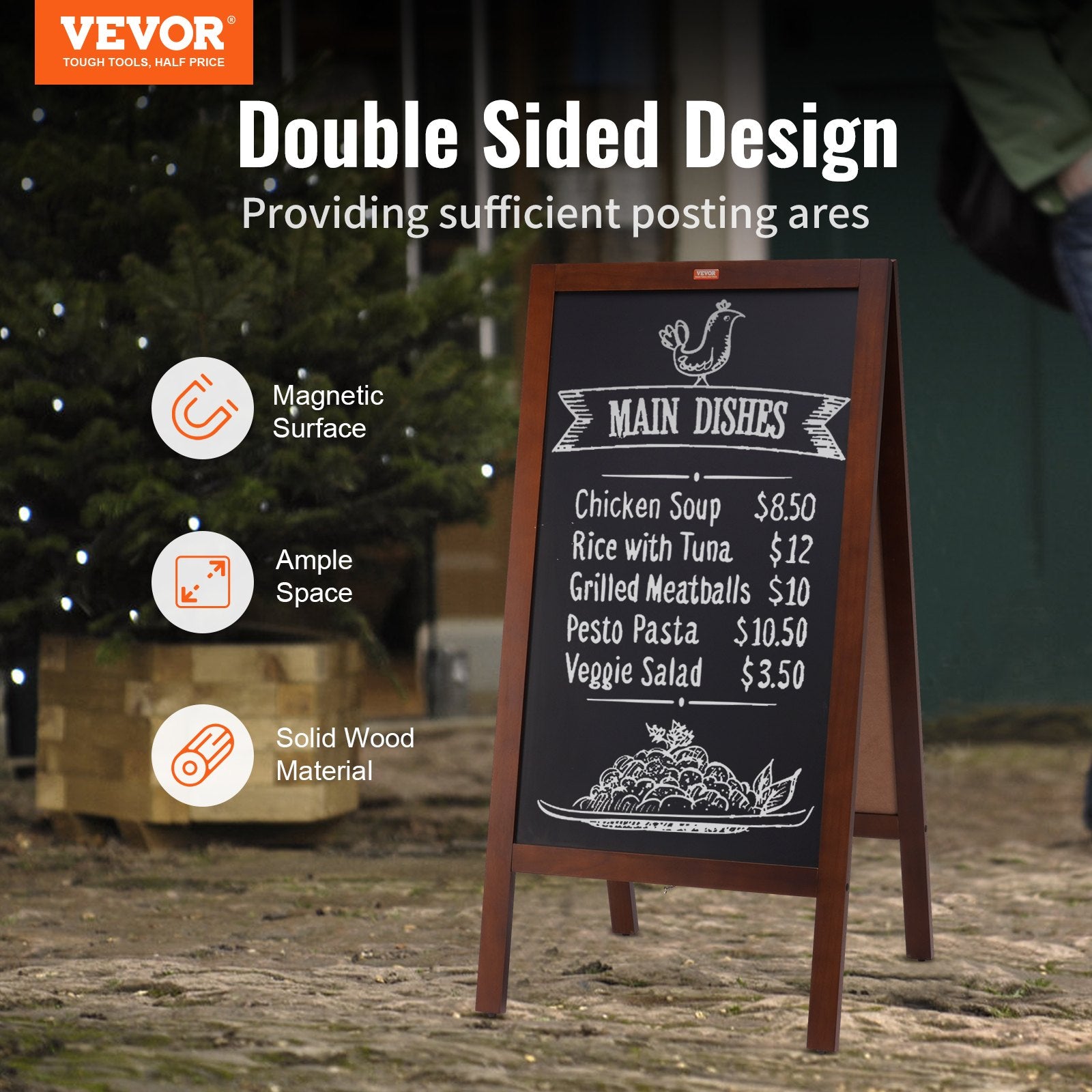 A Frame Chalkboard Sign, Double-Sided Sidewalk Signs, Freestanding Vintage Wooden Chalk Board With Chalks & Magnetic Eraser, Rustic Brown Outdoor Sandwich Board, 20"x40", Kitchen Home Wedding