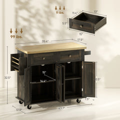 Kitchen Island Cart with Rubber Wood Top, Rolling Kitchen Island Table on Wheels with Drawers, Adjustable Shelves, Spice Rack and Towel Rack for Dining Room, Brown Oak