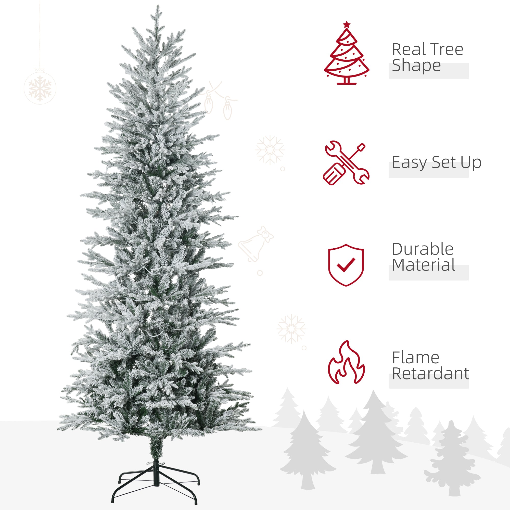 HOMCOM 7.5ft Tall Prelit Artificial Christmas Tree Holiday Decor With 850 Snow Flocked Branches, 350 Warm Yellow Clear Lights, Auto Open, Extra Bulb