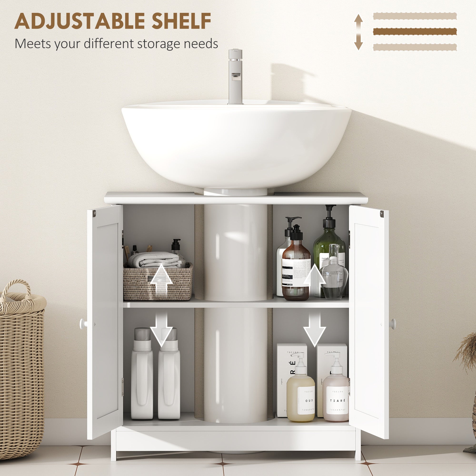 Under Sink Bathroom Cabinet, Pedestal Sink Storage Cabinet with 2 Doors, Shelf and U-Shape, White