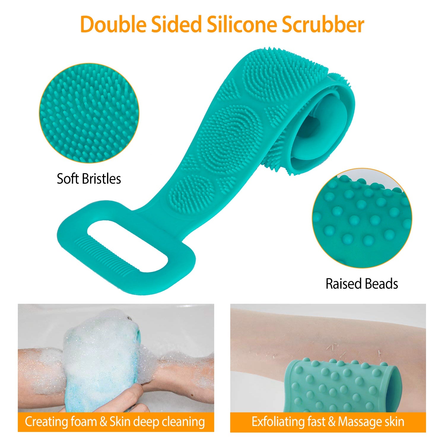 Silicone Back Scrubber Belt For Shower Exfoliating Foaming Body Wash Strap Brush Bristles Massage Dots With Adhesive Hook