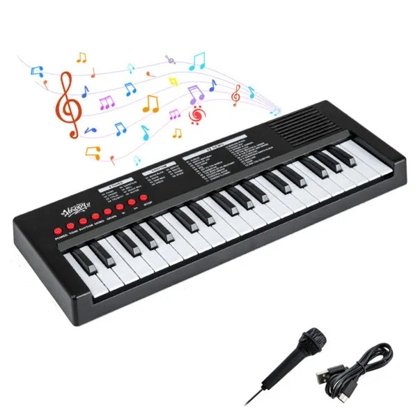 Black 37 Keys Kids Electronic Keyboard With Microphone, 8 Tones & 8 Rhythms Piano Toy For Ages 3+