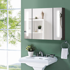 LED Lighted Medicine Cabinet with Mirror, 35.5"W x 25.5"H Wall Mounted Bathroom Cabinet with 3 Cupboards, Memory Function, USB Charge, High Gloss Black