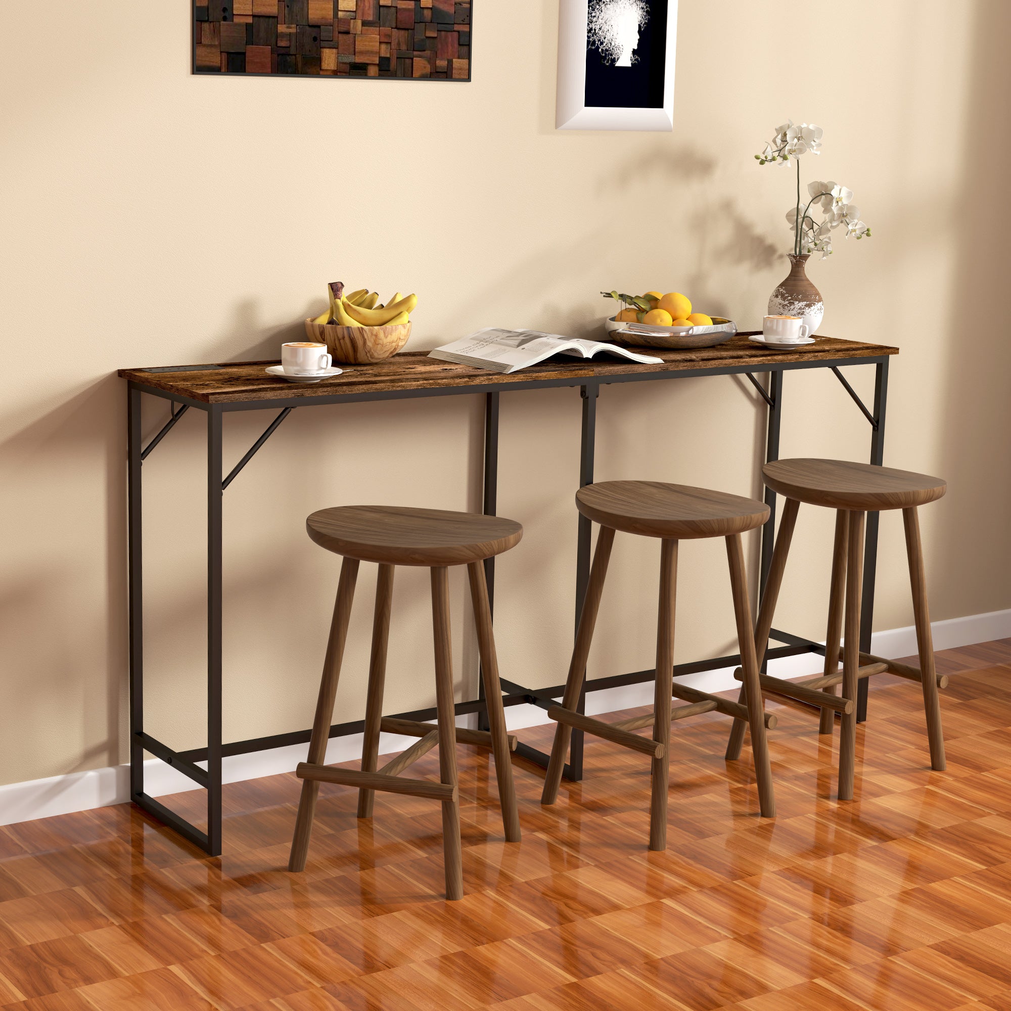 70" Bar Table with Charging Station, Industrial Rectangular Bar Height Pub Table with Steel Frame, Rustic Brown