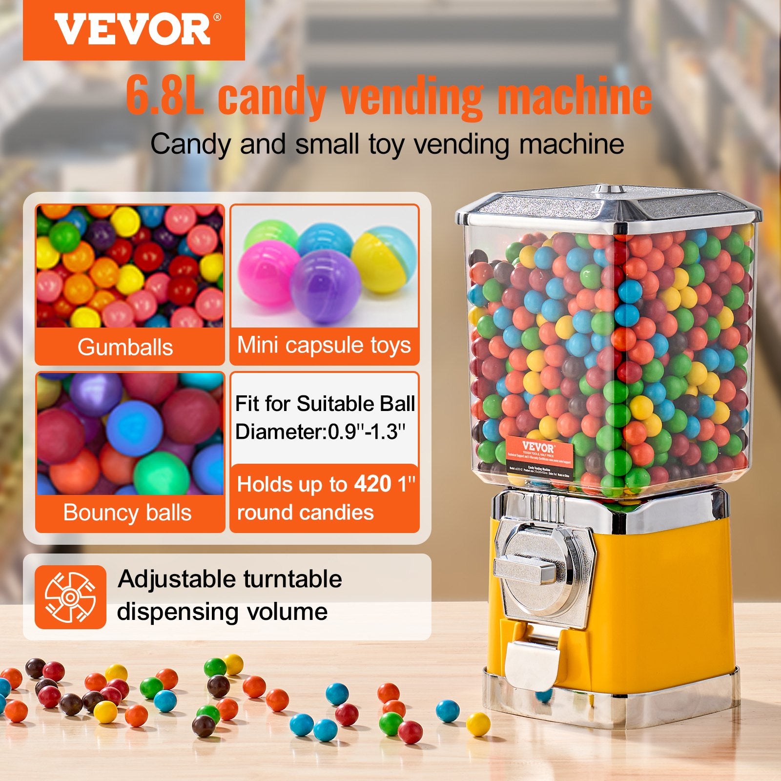 17' H Gumball Machine Vending Coin Bank Vintage Candy Dispenser PC Yellow