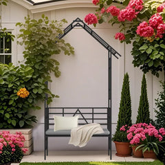 Metal Garden Arch With Bench Turned Into Flower Stand W58.07*H97.24 Climbing Plants Support Rose Arch Outdoor Black