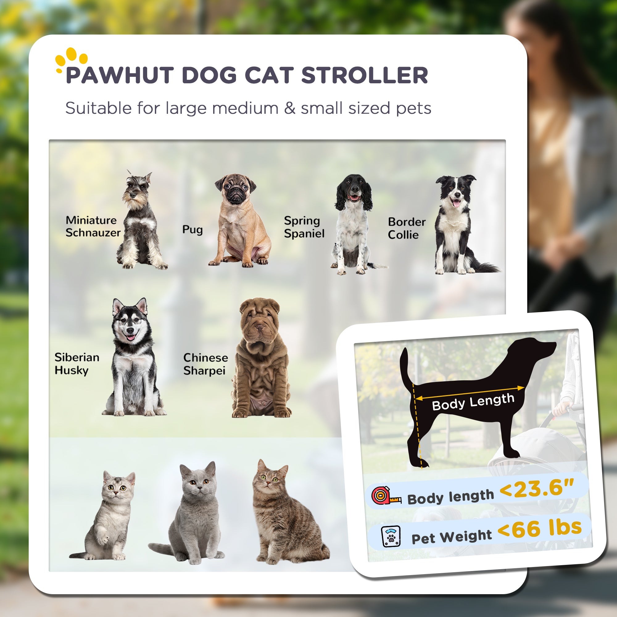 Dog Stroller for Large Medium Small Dogs up to 66 Lbs. 23.5" in Body Length, One-Click Foldable Pet Cat Stroller with Storage, Shock Absorption Wheels, Mesh Window, Safety Leash, Gray