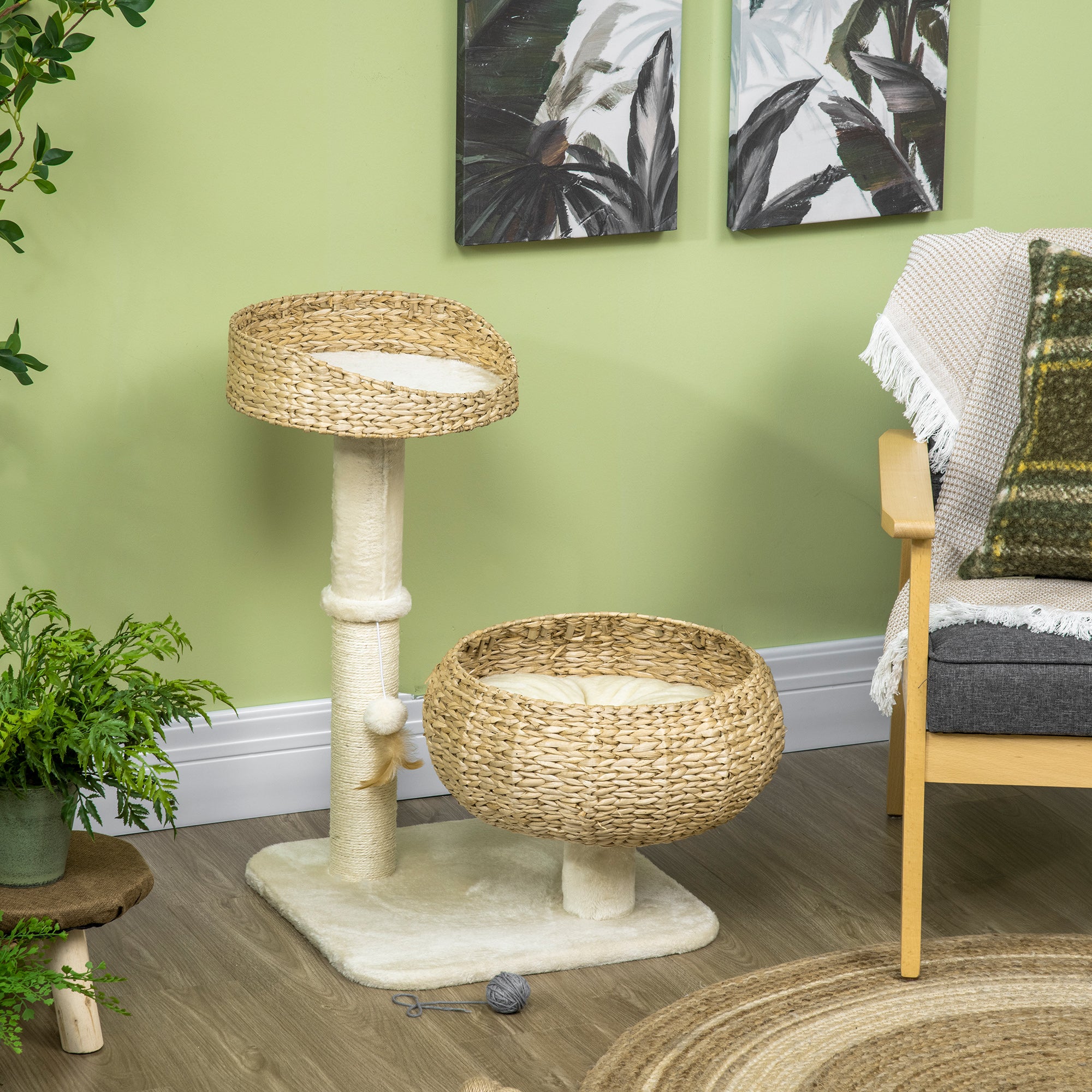 28" Elevated Cat Bed with Sisal Scratching Post for Indoor Kitties, Modern Cat Tree with Cute Basket Design, Small Cat Tree with Fun Ball Toy