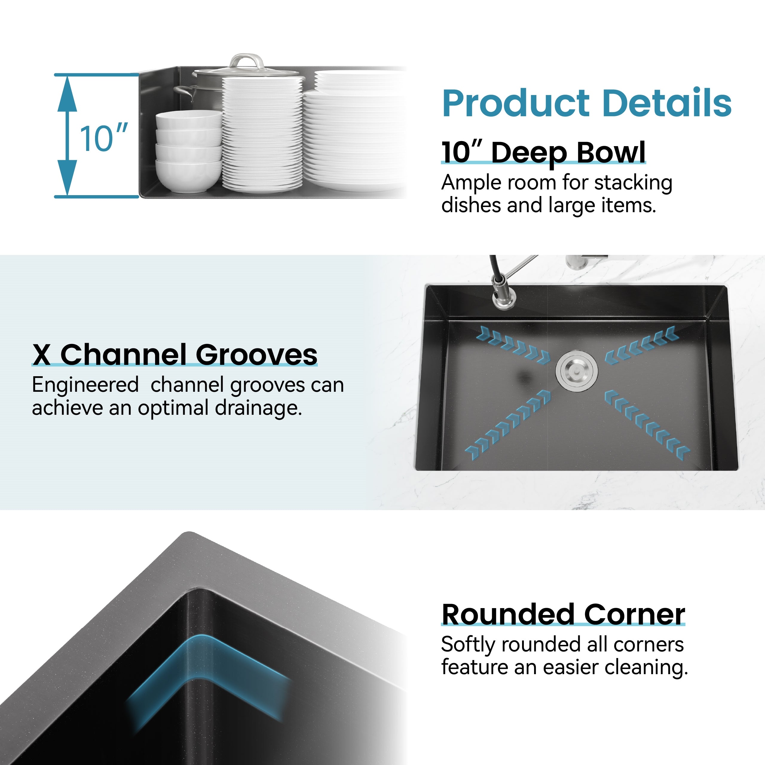 Stainless Steel Kitchen Sink, 27 X 19 Inch Single Bowl Undermount Sink, Handmade Black Kitchen Sink With US Standard Drain And Accessories