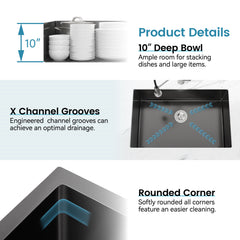 Stainless Steel Kitchen Sink, 27 X 19 Inch Single Bowl Undermount Sink, Handmade Black Kitchen Sink With US Standard Drain And Accessories