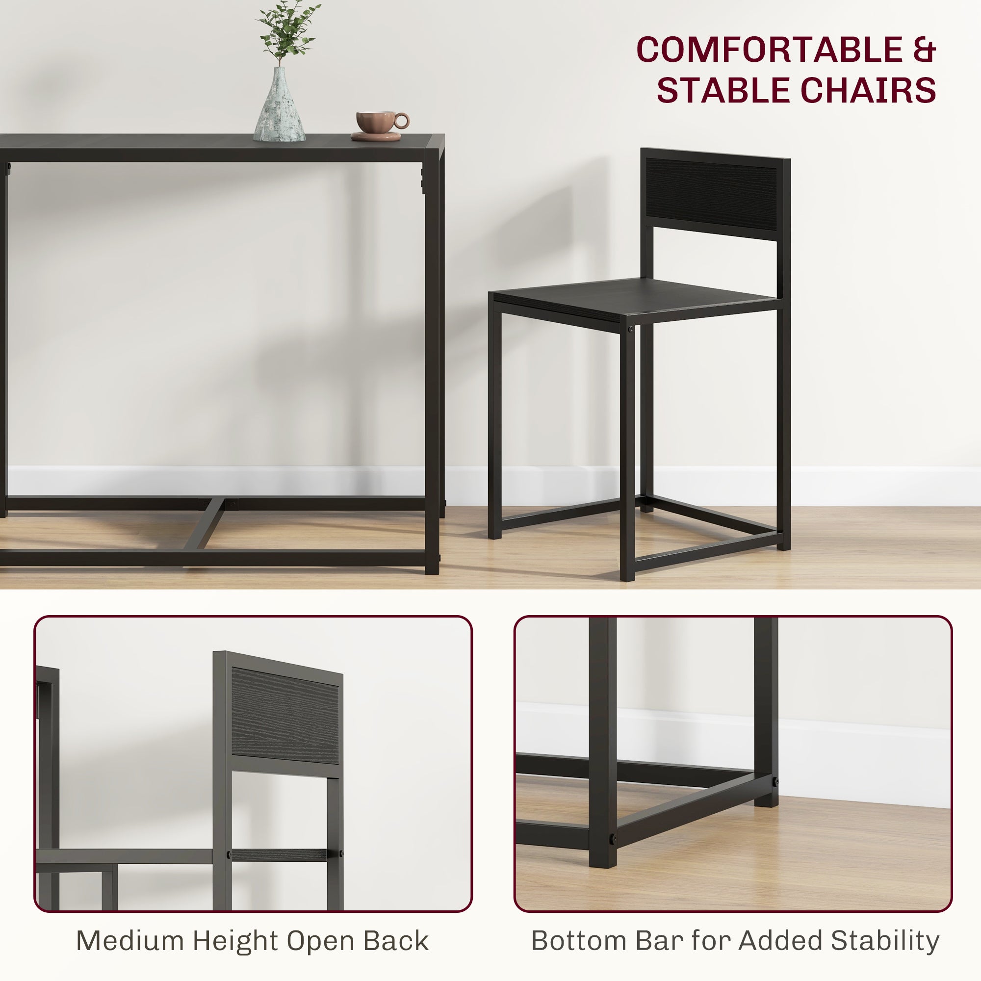 3-Piece Dining Room Set, Industrial Kitchen Table Set with Rectangular Table and 2 Dining Chairs, Black