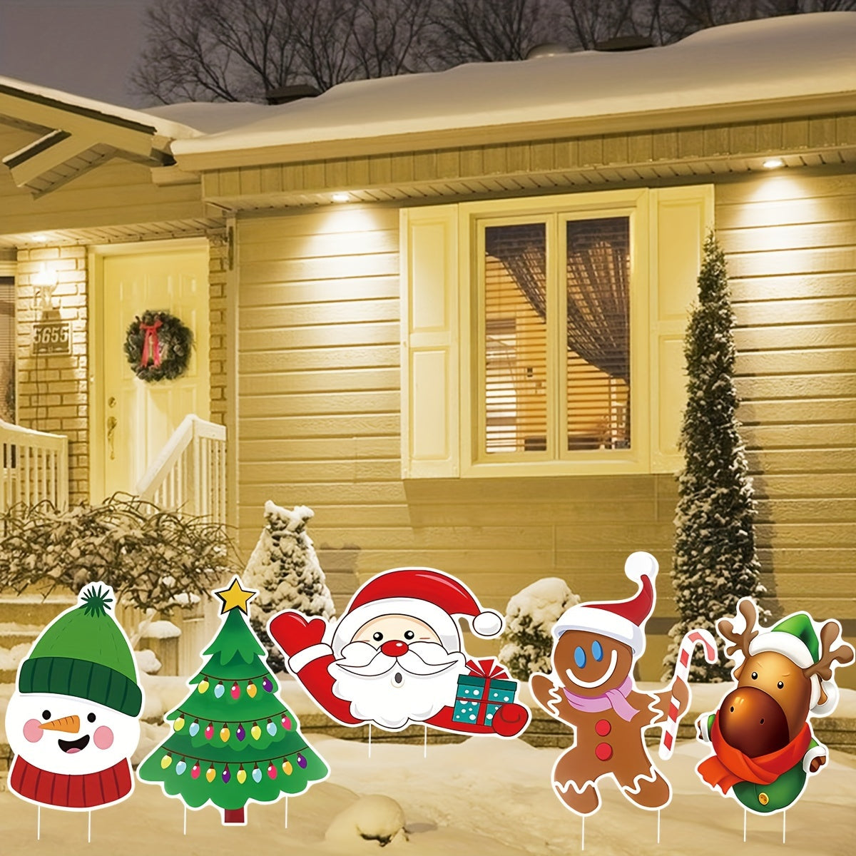 5 Pack Christmas Outdoor Yard Signs With Stakes Christmas Tree Reindeer Santa Gingerbread Snowman Signs Holiday Garden Sign For Xmas Winter Party Porch Lawn Walkway Decorations Outdoor Christmas Scene