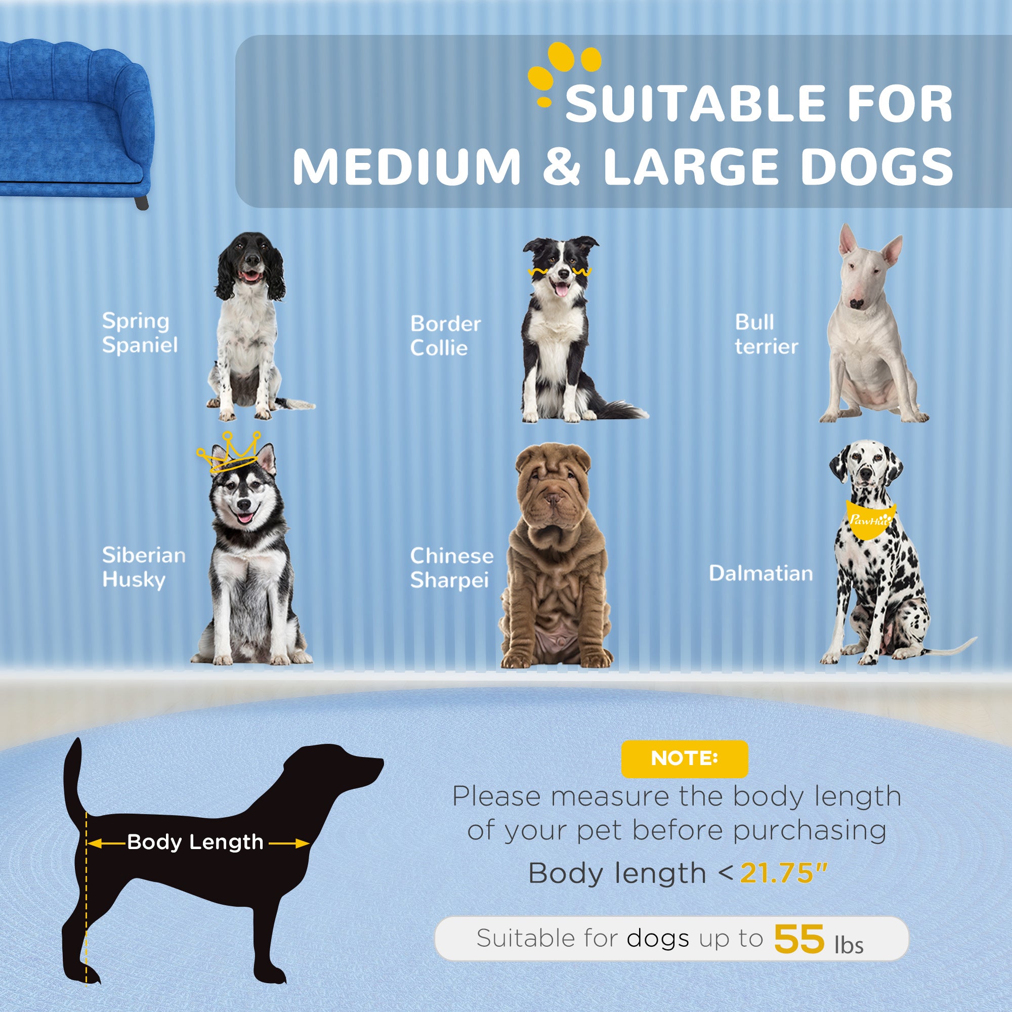 Pearl Design Pet Sofa for Medium and Large Sized Dogs, Pet Bed with Cushion and Solid Wood Legs, Dark Blue