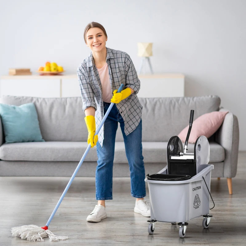 9.5 Gallon 38 Quart Mop Bucket With Wringer Cleaning Cart, 4 Moving Wheels, 2 Separate Buckets, & Mop-Handle Holder, Grey