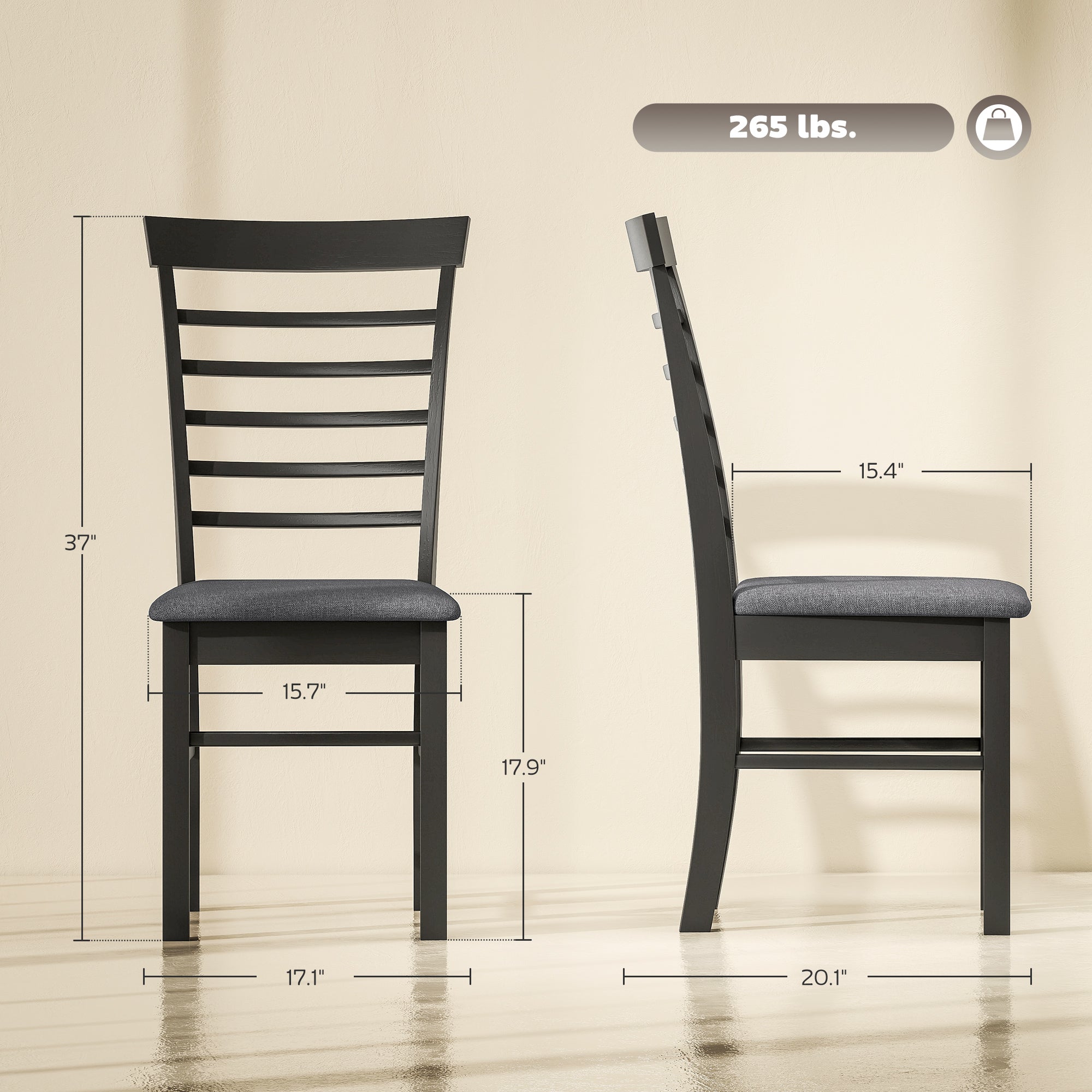 Wooden Dining Chairs Set of 4, Farmhouse Upholstered Kitchen Chairs with Rubber Wood Frame, Black and Gray