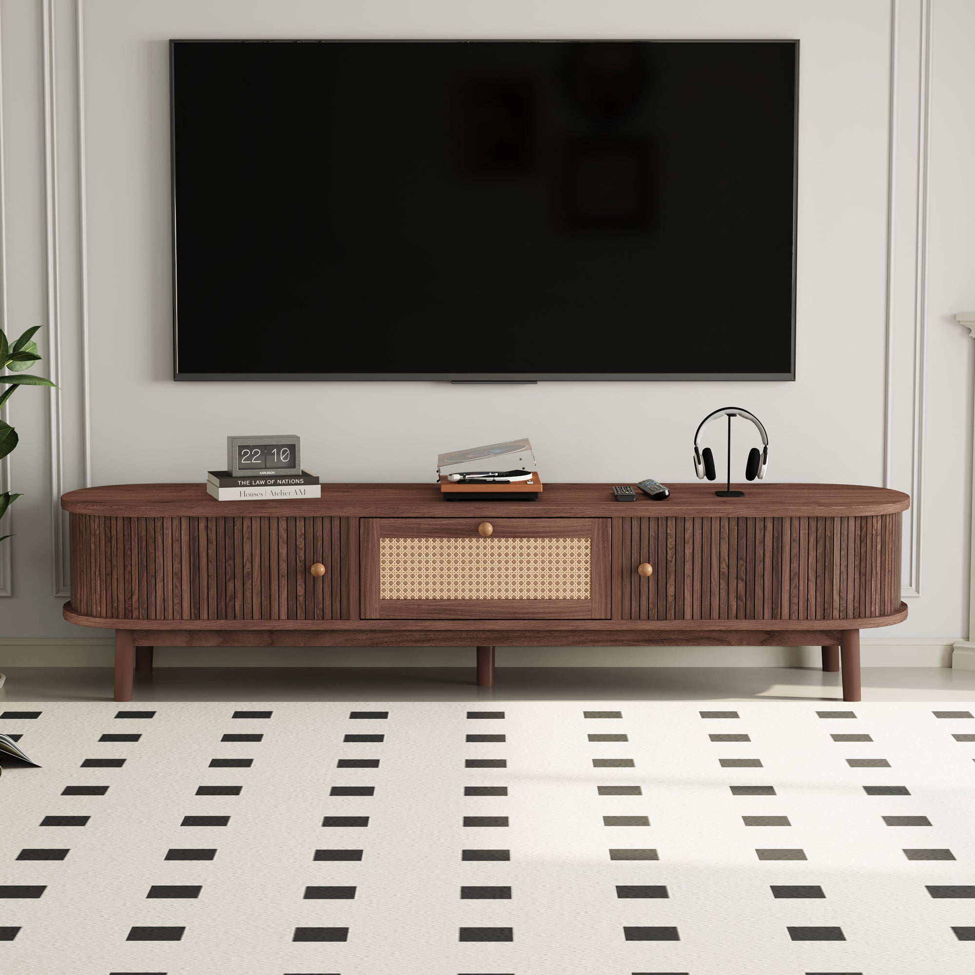 Modern Design TV Stand For 75 TVs, Media Console TV Cabinet With Rattan-Front Drawer For Living Room, 1 Drawer And 2 Sliding-Door Cabinets