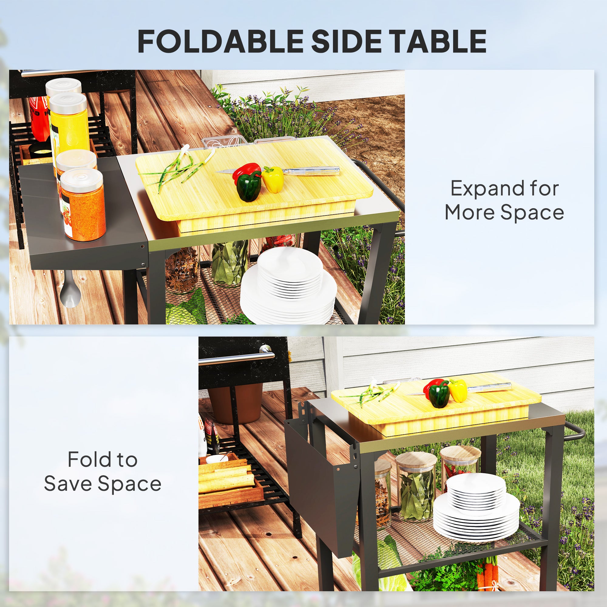 Three-Shelf Outdoor Grill Cart Table With Foldable Side Table, Stainless Steel Top Pizza Oven Stand With Hooks, Silver