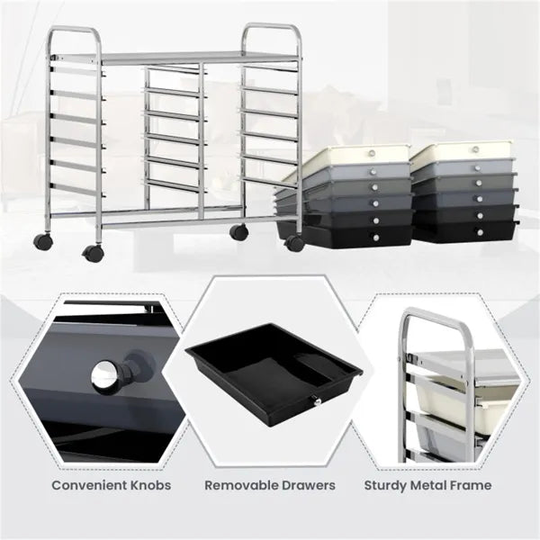 12-Drawer Rolling Storage Cart - 2-Row 10-Storey, Multicolor Drawers, 4 Wheels (2 Brake), -Gray