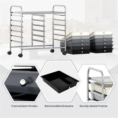 12-Drawer Rolling Storage Cart - 2-Row 10-Storey, Multicolor Drawers, 4 Wheels (2 Brake), -Gray