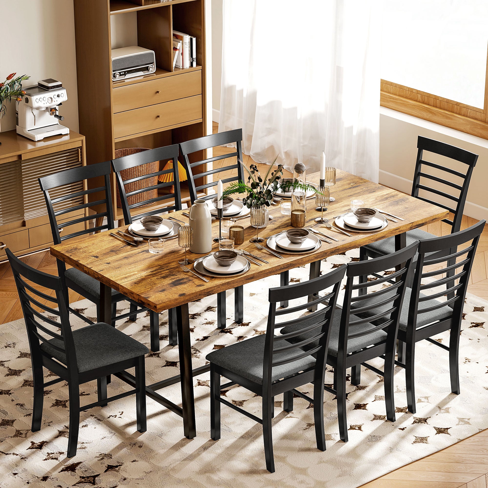 Wooden Dining Chairs Set of 4, Farmhouse Upholstered Kitchen Chairs with Rubber Wood Frame, Black and Gray