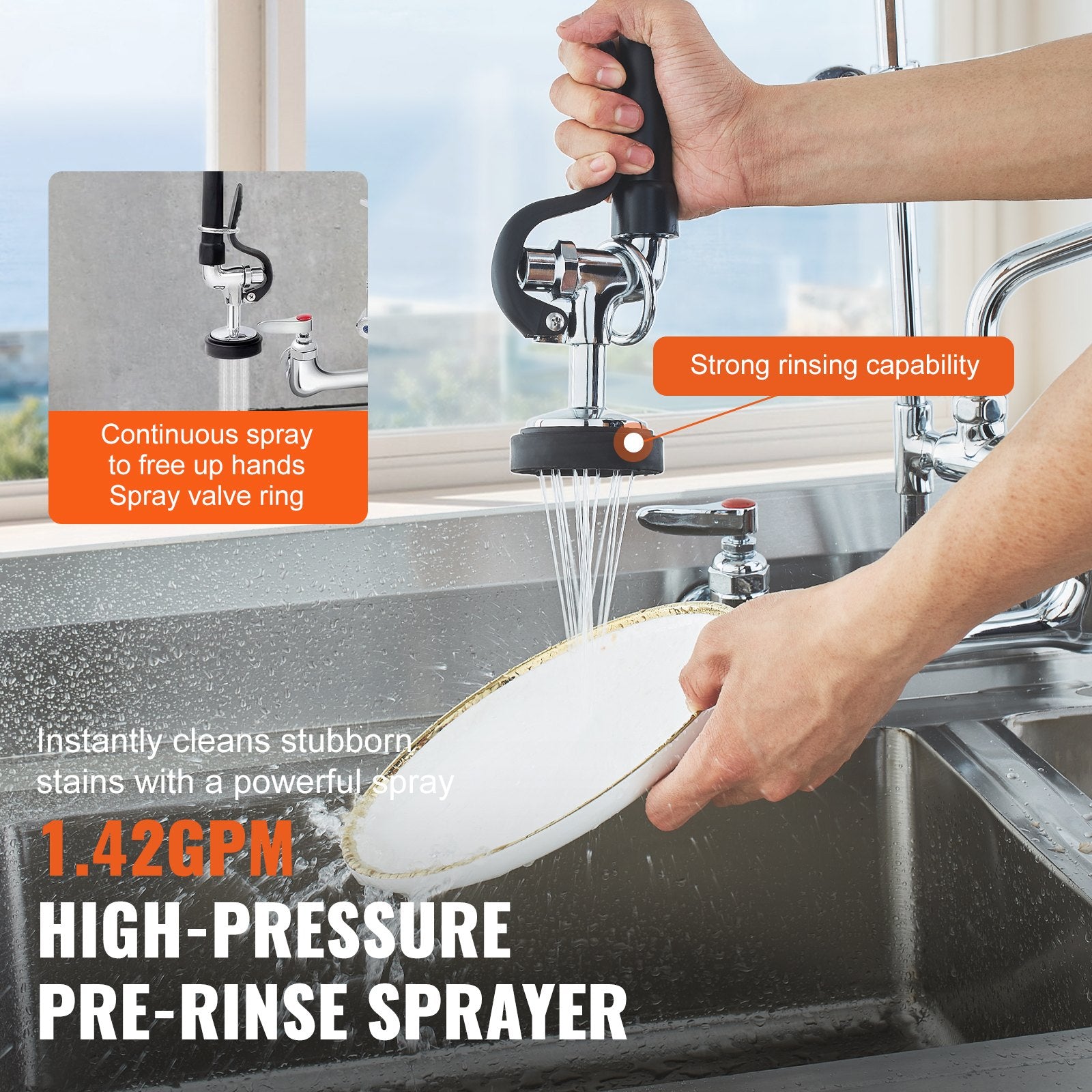 Commercial Faucet With Pre-Rinse Sprayer, 47' Height, 8' Center, 12' Swing Spout, Wall Mount Kitchen Sink Faucet, Brass Constructed Device With Pull Down Spray, For 1/2/3 Compartment Sink