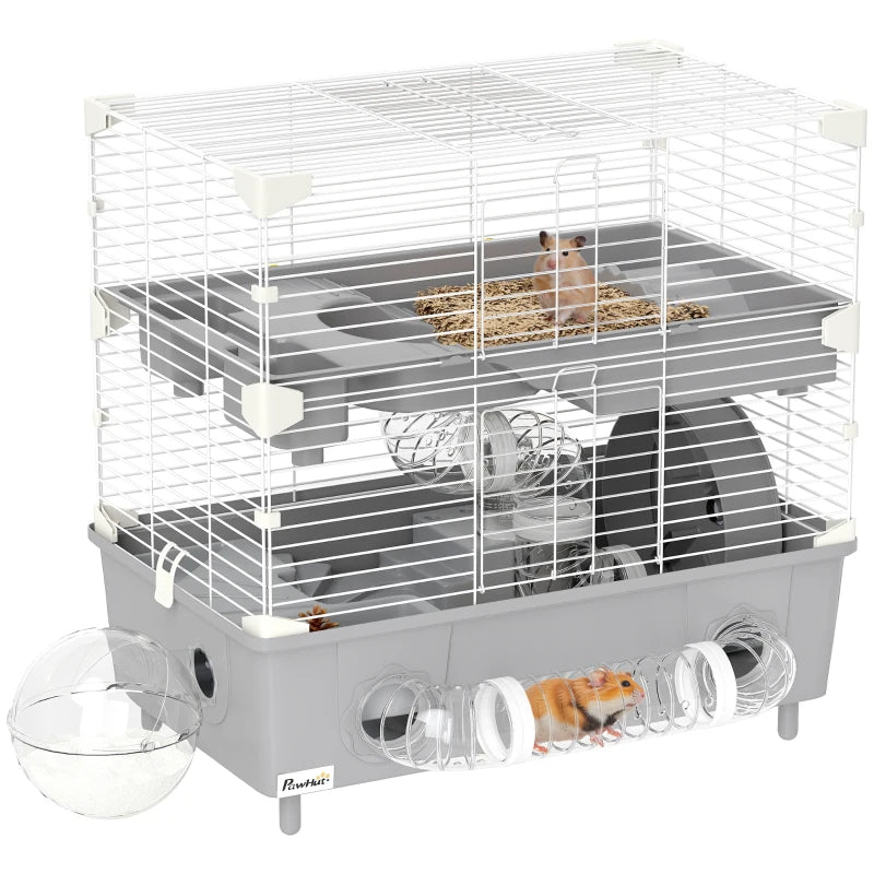 2-Tier Hamster Cage With Sand Bathroom, Running Wheel, Water Bottle, Tubes, Accessories, For Hamster, Gray
