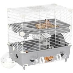 2-Tier Hamster Cage With Sand Bathroom, Running Wheel, Water Bottle, Tubes, Accessories, For Hamster, Gray