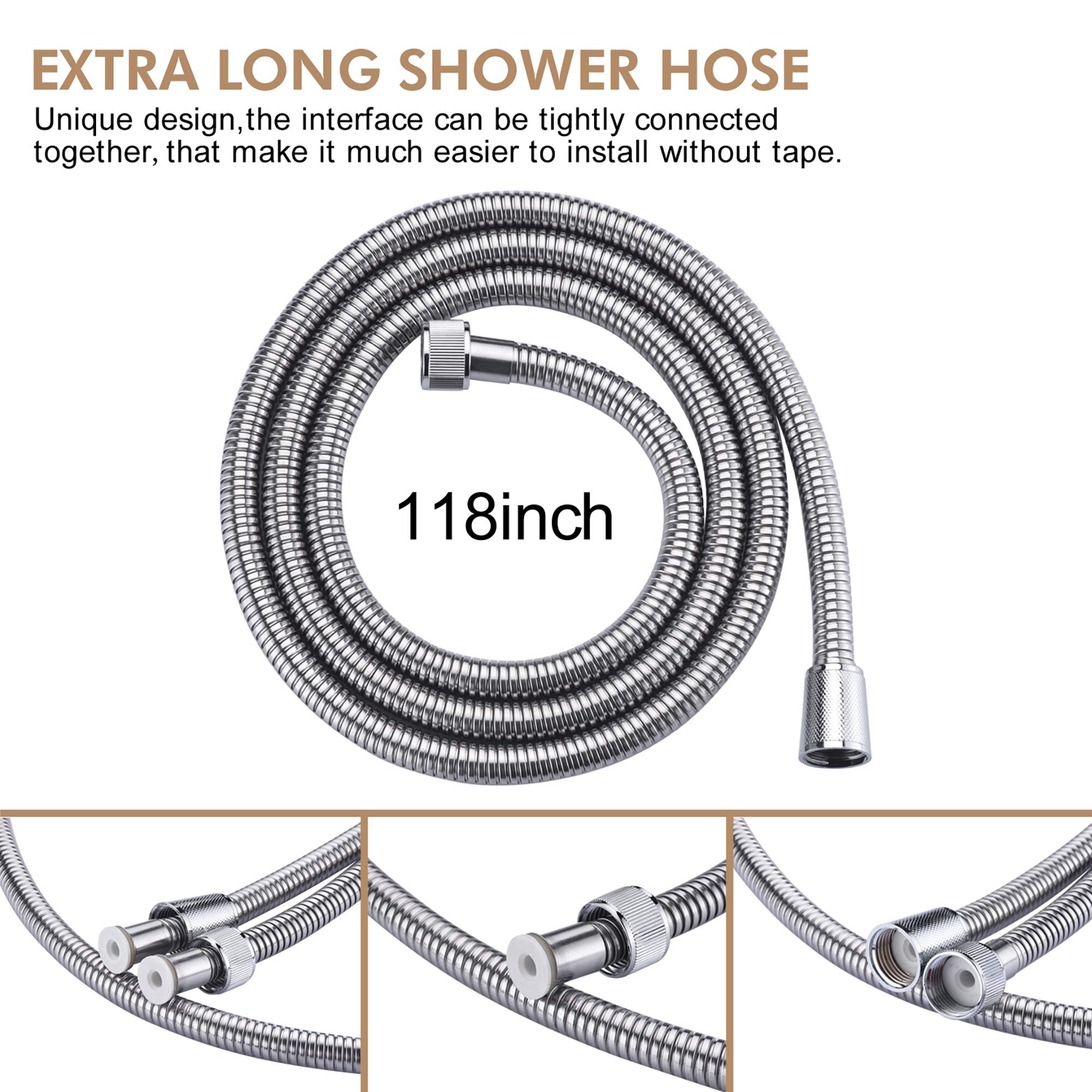 Stainless Steel Shower Hose, 118 Inches, 10 Feet, Extra Long Handheld Shower Hose Extension Replacement, Anti-tangle Flexible Shower Hose Accessory, For Shower Heads, Brushed Nickel Finish.