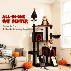 Gothic Cat Tree, Cat Tower With Coffin Bed, 2 Spacious Condos, Sisal Scratching Posts, Bat Hanging Balls, Halloween
