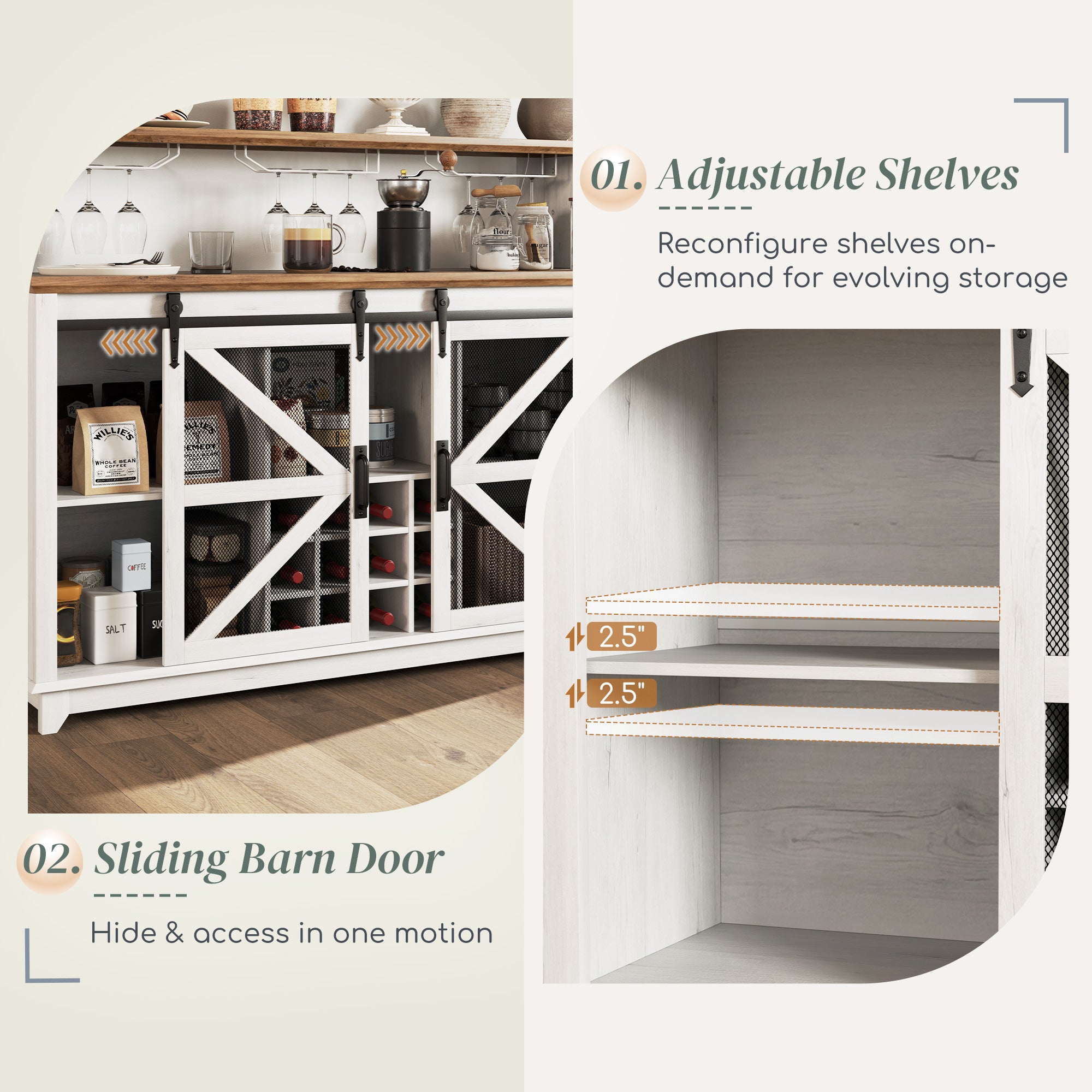 55" Coffee Bar Cabinet with Lights, Farmhouse Wine Cabinet with Wine and Glass Racks for Kitchen, Dining Room, White