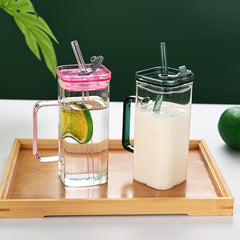 1 Pcs Blue Glass Straw Cup, 6 Colors Square Glass Cup With Straw And Lid, High Borosilicate Glass Cup, Milk Cup, Juice Cup, Cold Drink Cup, Coffee Cup, Tea Cup, Office Cup, Gift Cup