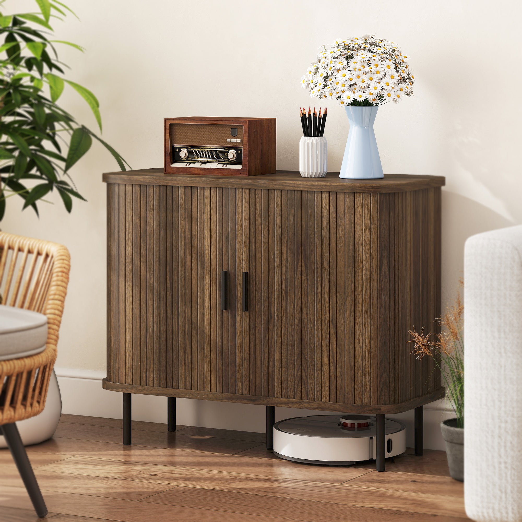 35.4" Sideboard Buffet Cabinet with Storage, Nordic Coffee Bar Cabinet with Slatted Tambour Doors and Metal Legs, Walnut