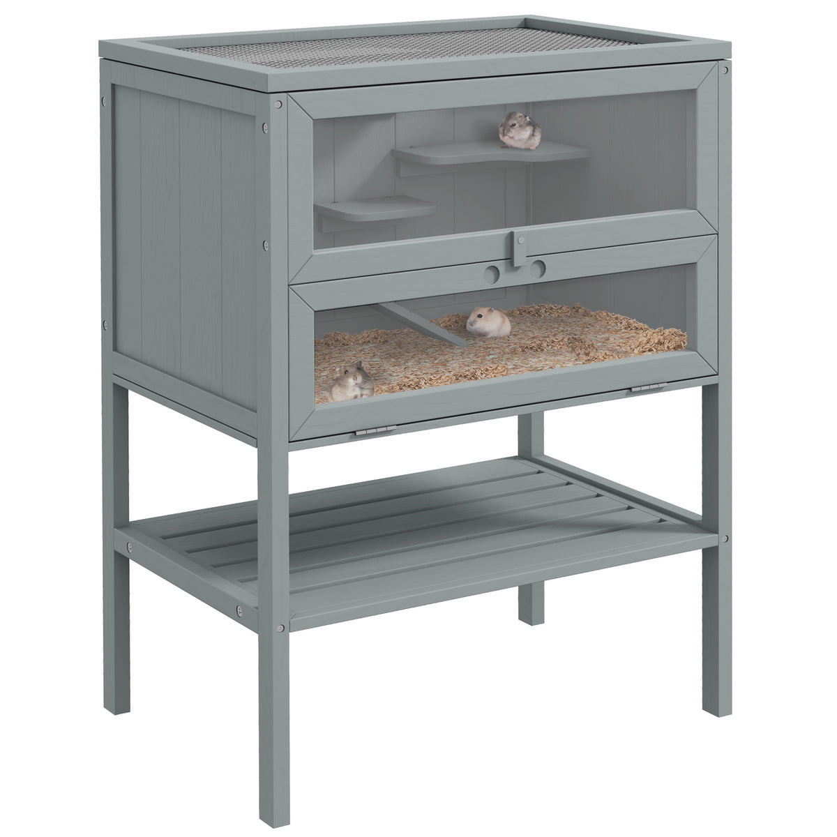 3-Tier Wooden Hamster Cage Mice and Rat Cage Small Animals Hutch with Openable Top, Front Door, Storage Shelf, Gray